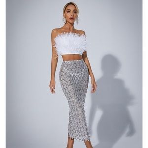 Ansley Strapless Feather Mesh Skirt Set In White